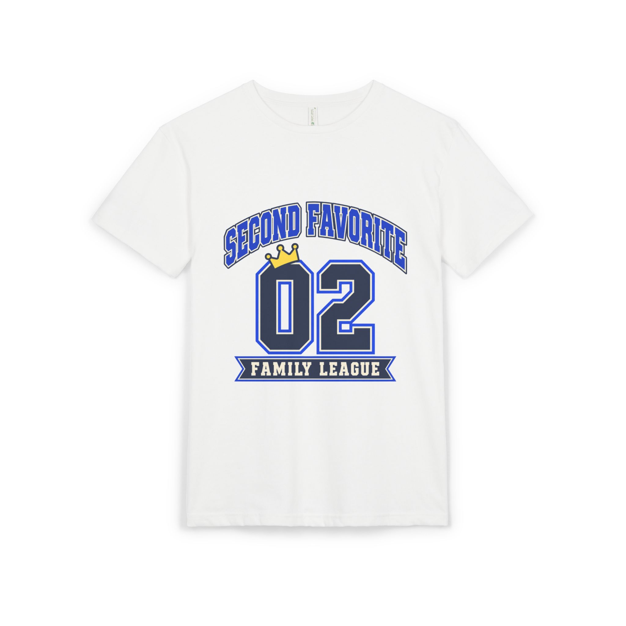 Printify white t-shirt with SECOND FAVORITE lettering, crowned 02 and FAMILY LEAGUE banner