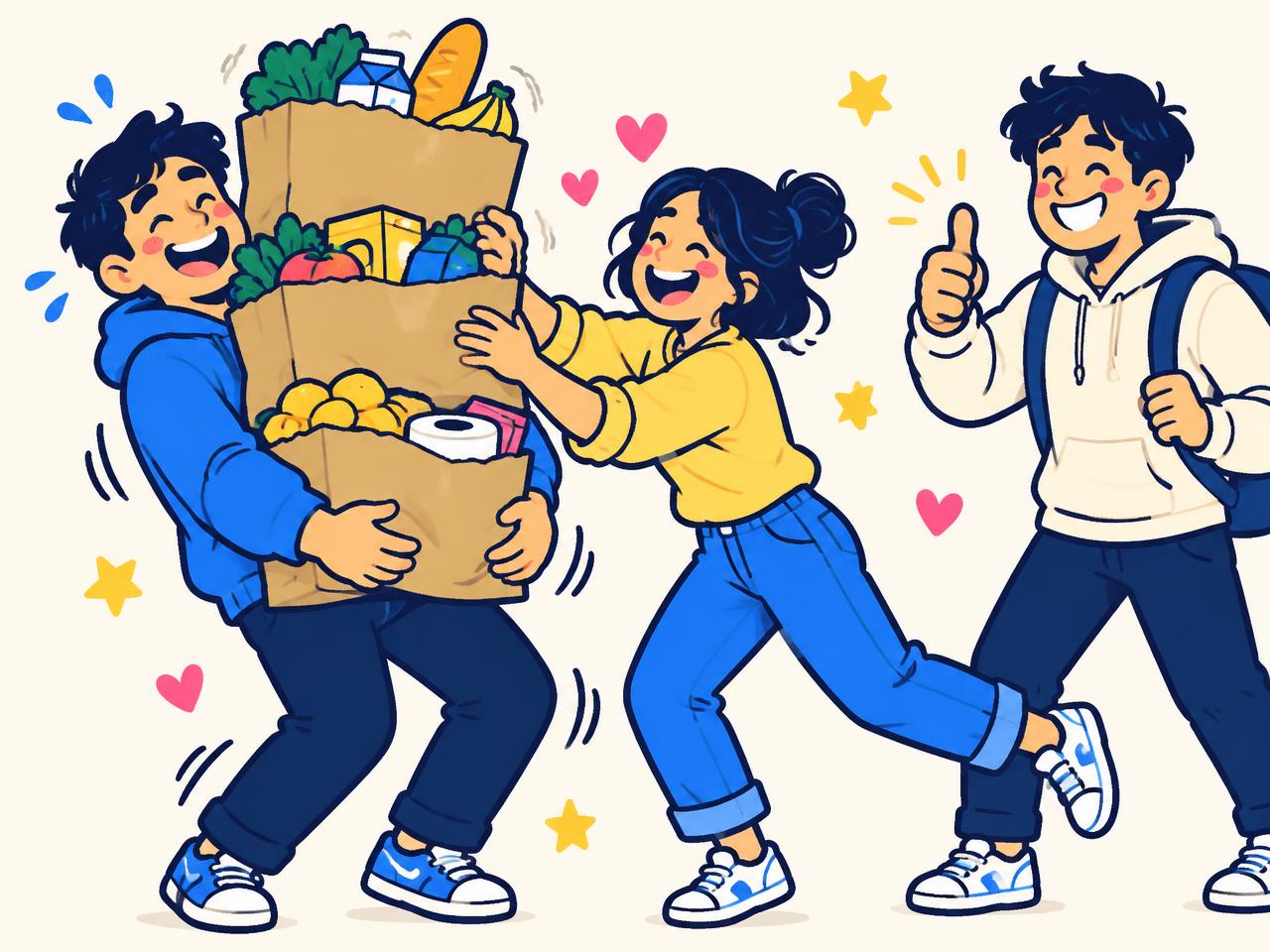 One sibling wobbling under a tower of groceries while another rushes in to take half