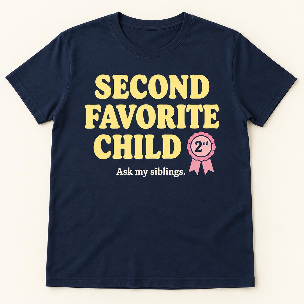 Navy t-shirt reading SECOND FAVORITE CHILD — Ask my siblings.