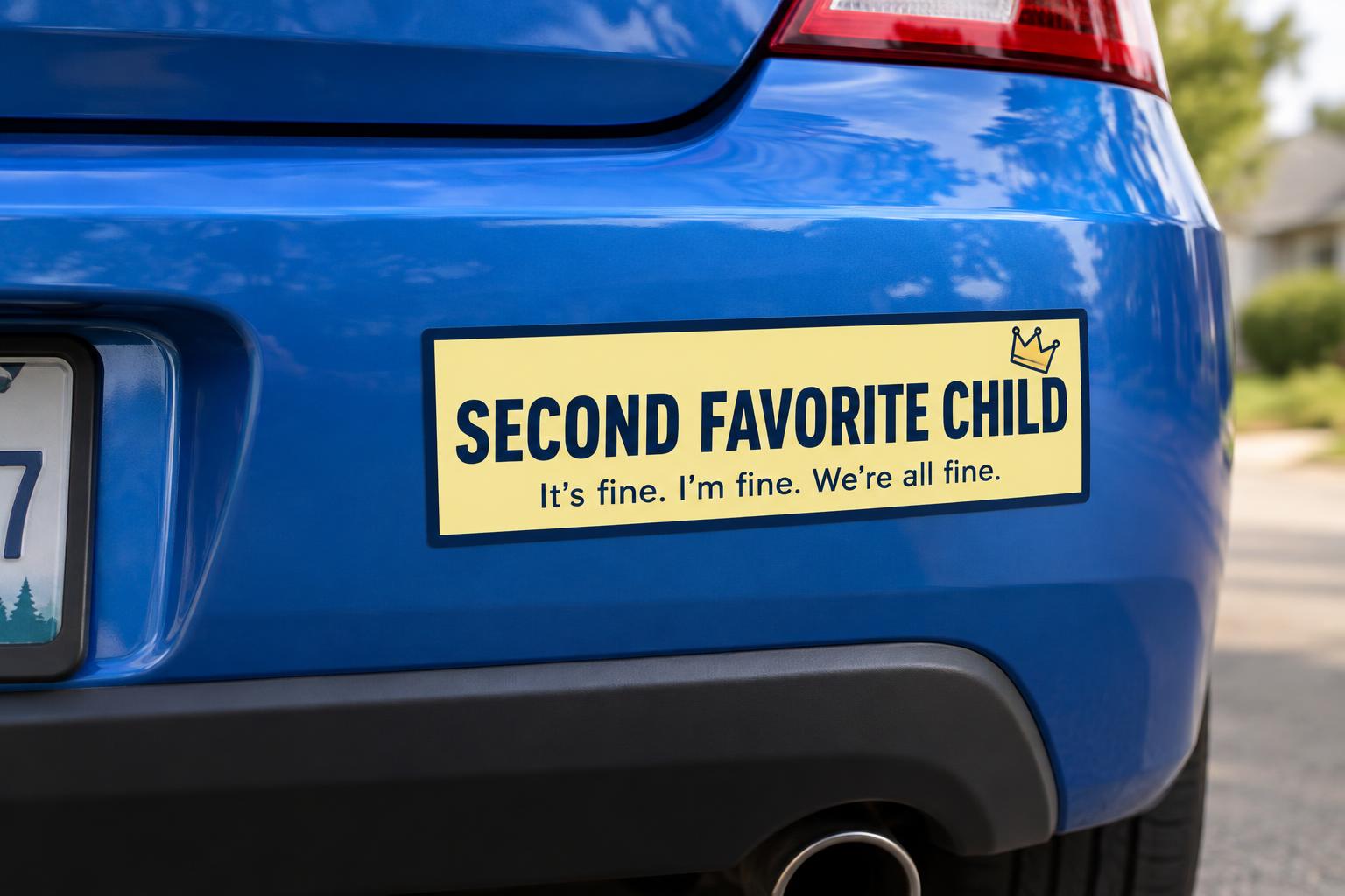 Butter-yellow bumper sticker reading SECOND FAVORITE CHILD — It's fine. I'm fine. We're all fine.